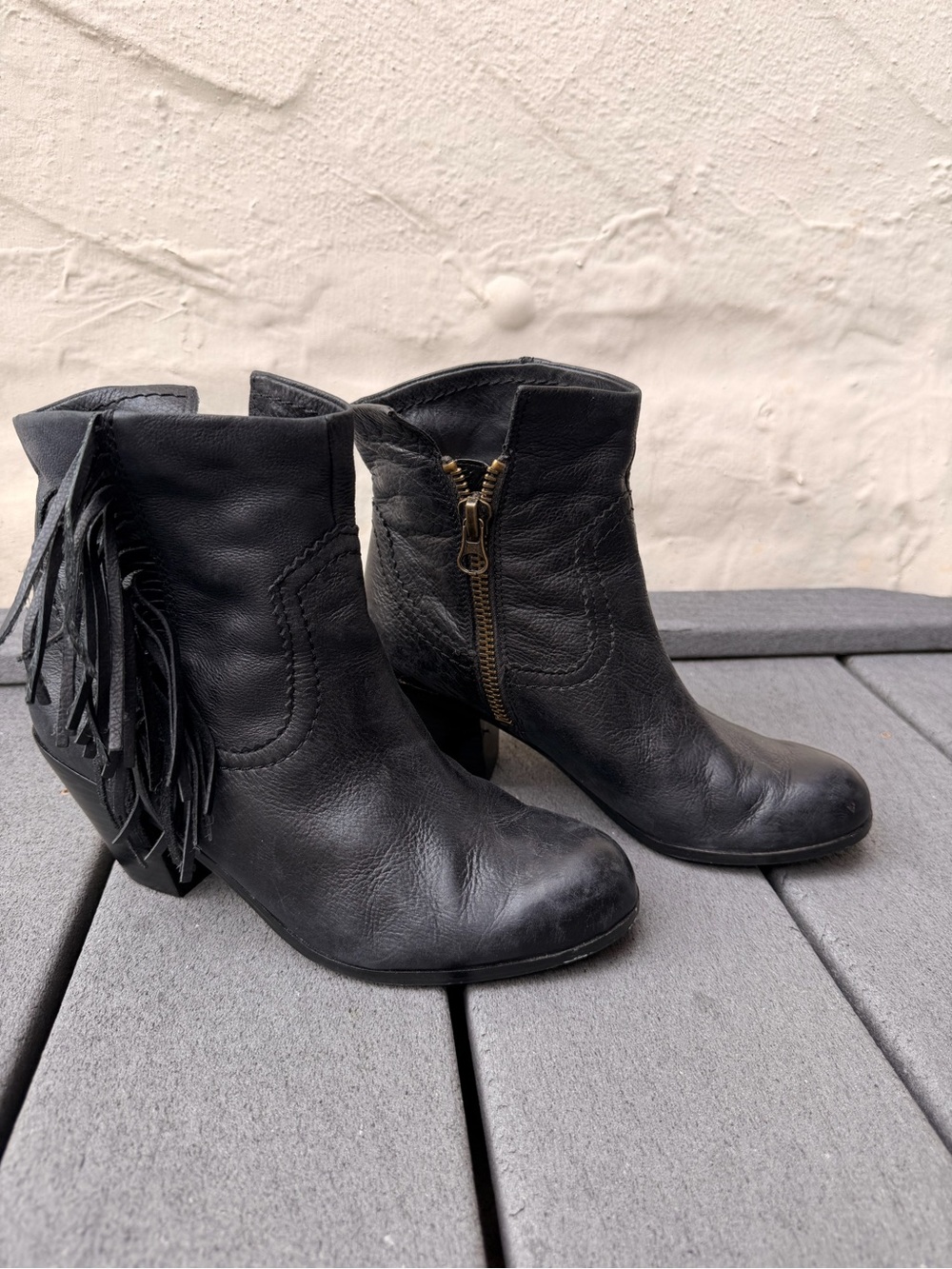 Sam Eldeman Louie Black Fringe Leather Ankle Booties - Women's Size 8.5